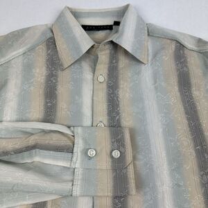 Positano Button Down Shirt Mens Large Blue Gray Striped Floral Jacquard Y2K USA
